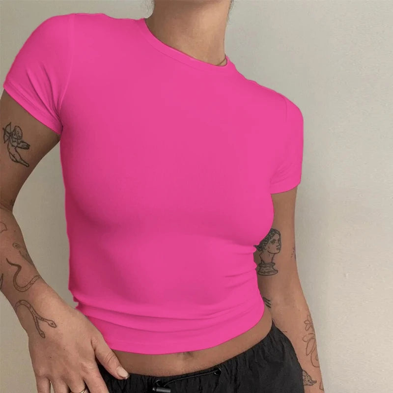 Abbigliamento donna T-shirt manica corta Slim Fit Top O-Collo Guaina lavorata a maglia - immagine 4