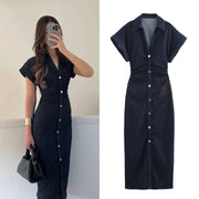 Abito midi denim donna ETJ 2025, vestito elegante con risvolto e cerniera laterale, vita slim antirughe stile primavera - Campeda