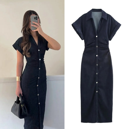 Abito midi denim donna ETJ 2025, vestito elegante con risvolto e cerniera laterale, vita slim antirughe stile primavera - Campeda