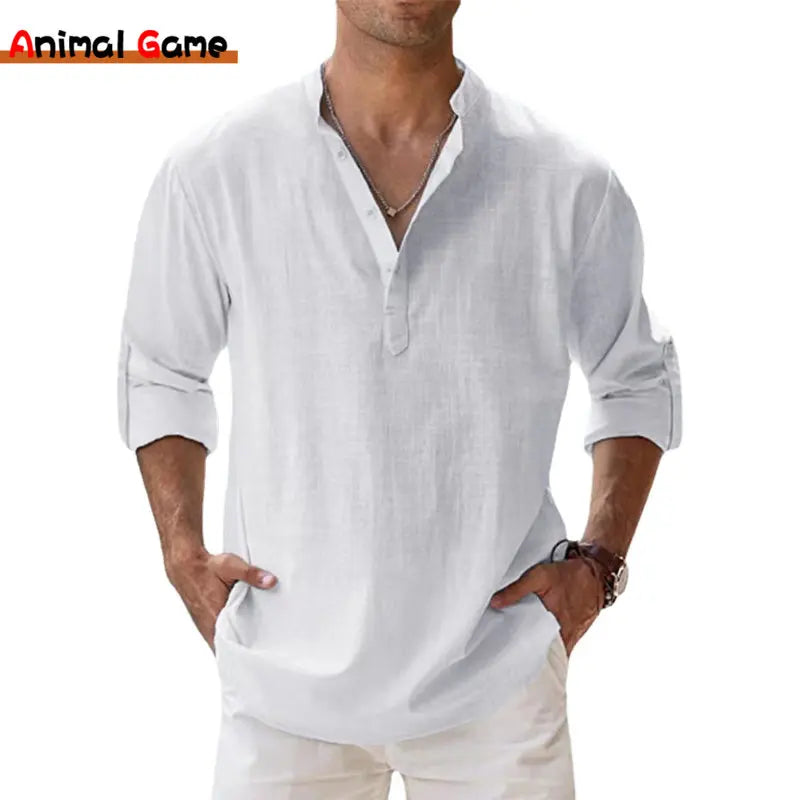 Nuove camicie da uomo in cotone e lino casual spiaggia Henley a maniche
