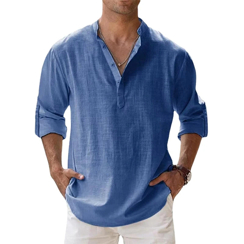 Nuove camicie da uomo in cotone e lino casual spiaggia Henley a maniche - Denim Blue S - immagine 9