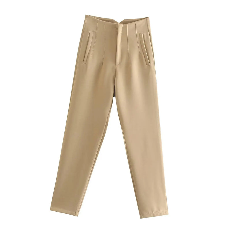 Pantaloni donna Willshela a vita alta con cerniera frontale, gamba dritta full length, stile vintage elegante e chic - Campeda