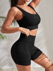 Set da yoga a costine senza cuciture allenamento per donna 2 pezzi Tute - immagine 7