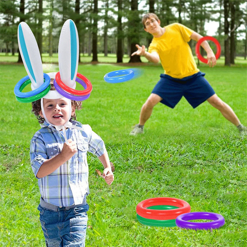 Set di Giochi Gonfiabili con Orecchie da Coniglio Pasquale, Gioco del Lancio dell'Anello per Feste in Giardino, Giochi Interattivi per Famiglia, Decorazioni Pasquali, Regalo per Bambini