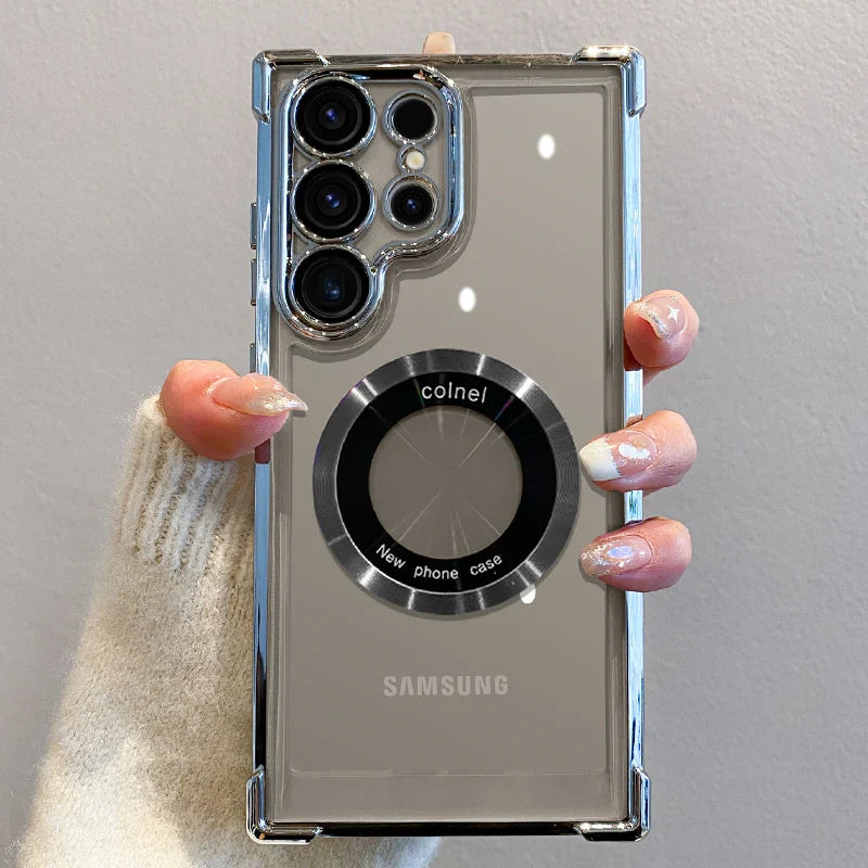 Custodia di ricarica wireless magnetica placcatura di lusso per Samsung S25 S24 Ultra S23 FE S22 Plus S21 Nota 20 Cover protettiva per lenti trasparenti