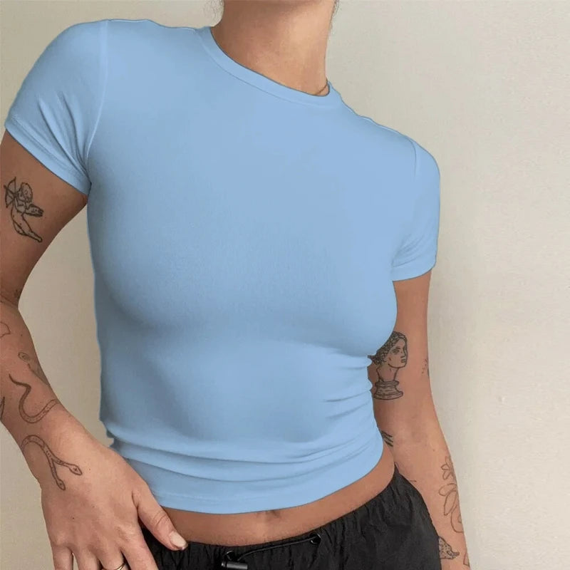 Abbigliamento donna T-shirt manica corta Slim Fit Top O-Collo Guaina lavorata a maglia - immagine 3