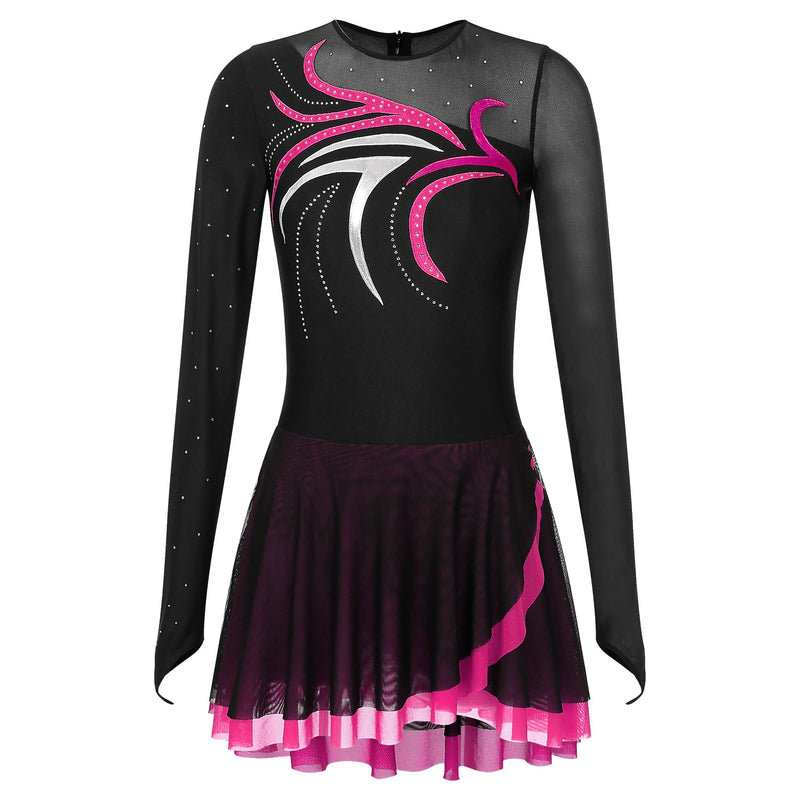 Vestiti per pattinaggio su ghiaccio con strass abiti da artistico a maniche lunghe - Hot Pink S - immagine 16