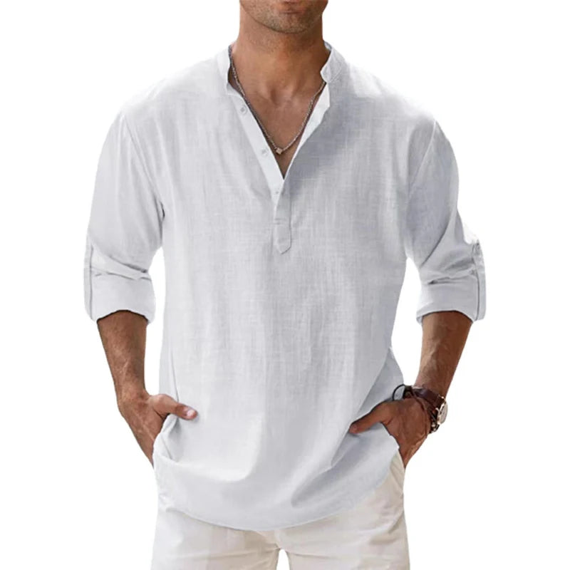 Nuove camicie da uomo in cotone e lino casual spiaggia Henley a maniche