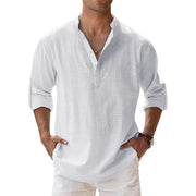 Nuove camicie da uomo in cotone e lino casual spiaggia Henley a maniche - White S