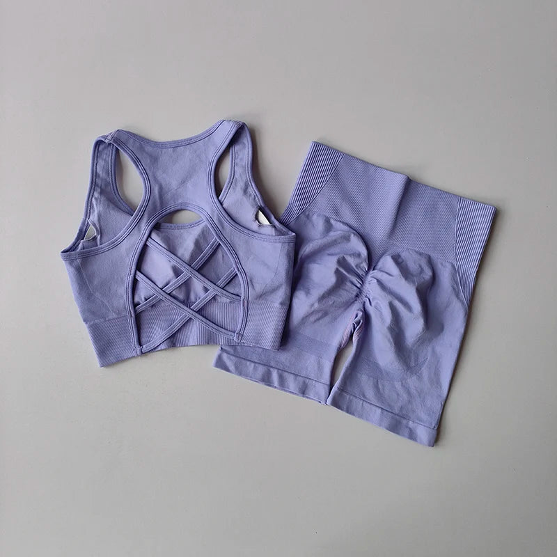 Completo fitness donna seamless – set yoga 2 pezzi con reggiseno sportivo e shorts vita alta, traspirante e modellante - Campeda