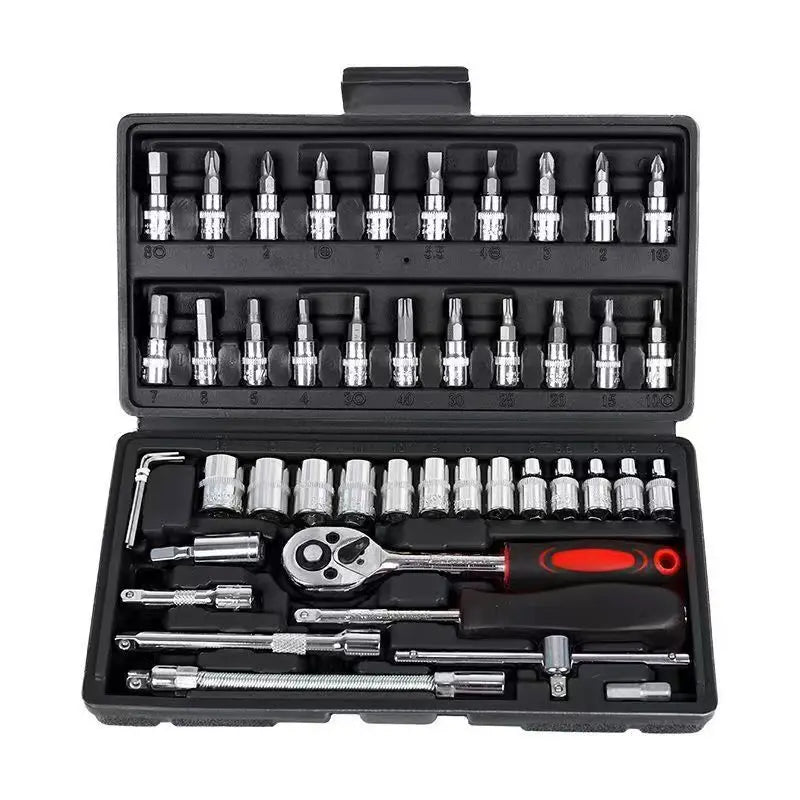 Set Professionale di 46 Chiavi a Bussola in Acciaio Cr-V con Cricchetto e Borsa Portaoggetti, Barra di Prolunga Resistente per Riparazioni Auto e Domestiche