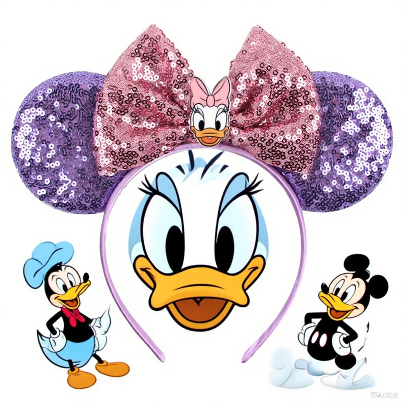 Disney Pink Daisy Duck Bow Fasce per capelli Paillettes viola Fascia orecchie di