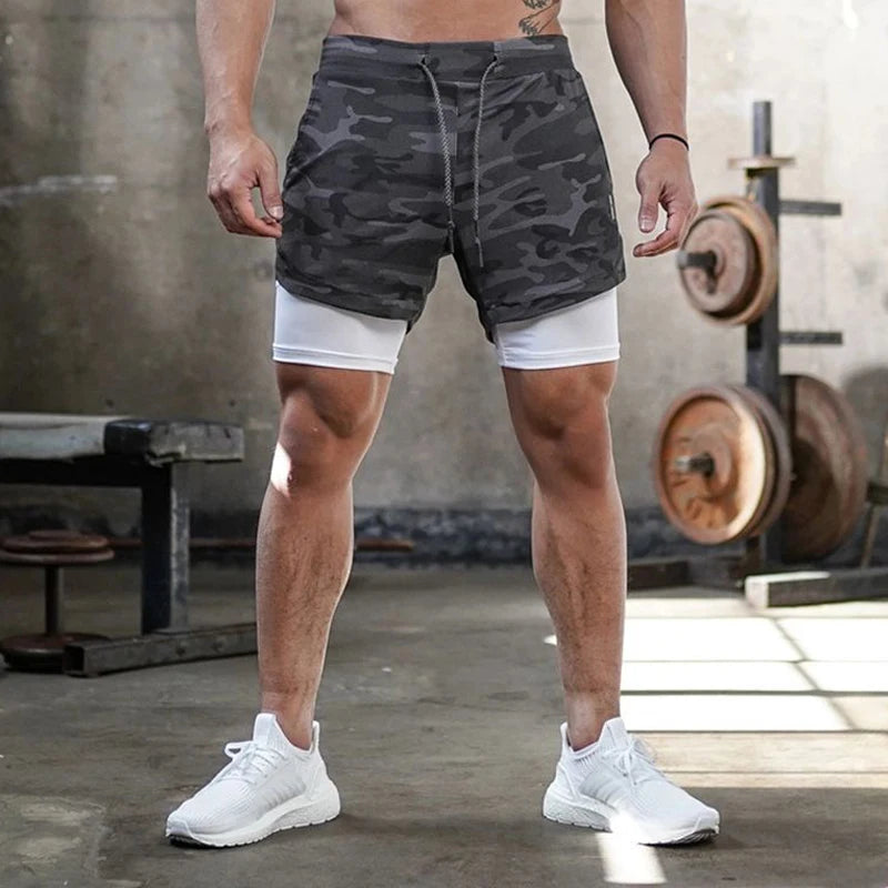 Pantaloncini da corsa mimetici sportivi palestra uomo 2 in 1 Allenamento ad - immagine 4