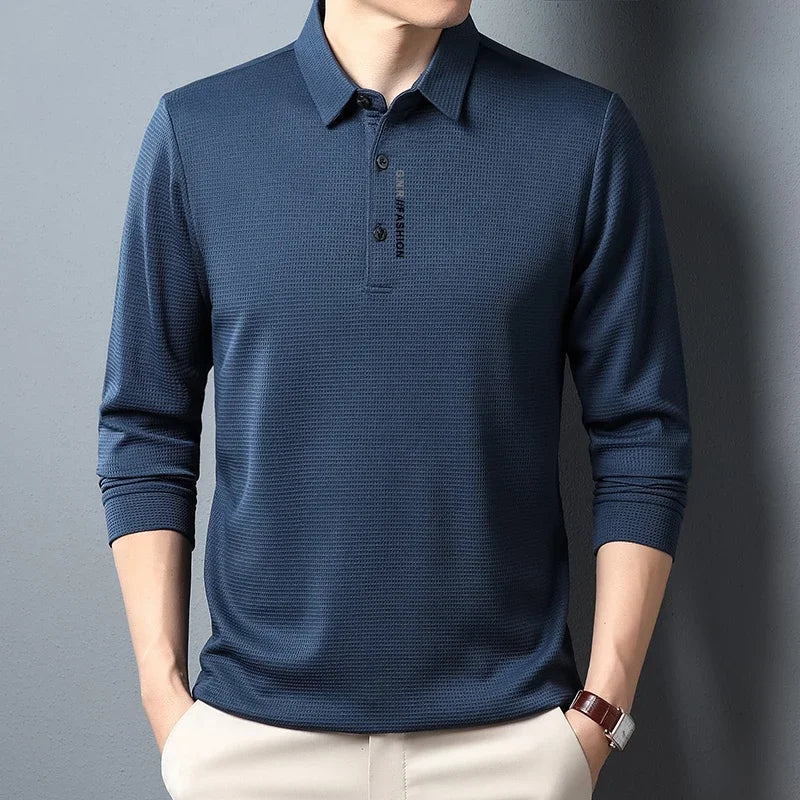 Polo da uomo a maniche lunghe Waffle – casual con risvolto, stampa lettere, anti-retrazione, quattro stagioni - Campeda