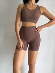 Completo fitness donna seamless – set yoga 2 pezzi con reggiseno sportivo e shorts vita alta, traspirante e modellante - Campeda