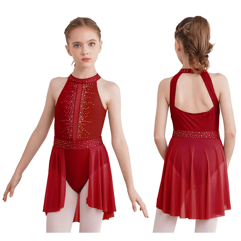 Vestito Danza Lirica Bambina con Strass – Body Balletto Elegante con Rete e Spacco Laterale
