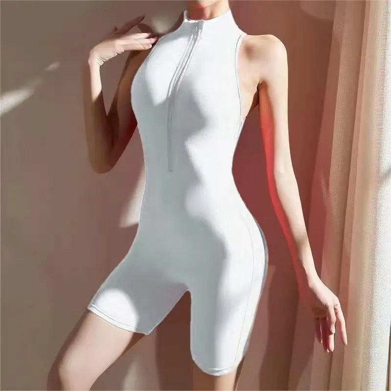 Tuta intera elasticizzata con zip per donna effetto seconda pelle - White S