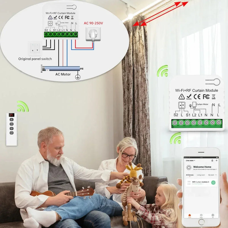 Interruttore per tende Wifi Rf Tuya Smart Life Modulo per tapparella 433 mhz 5-IN-1 Telecomando, per tende per porte e finestre del garage Alexa