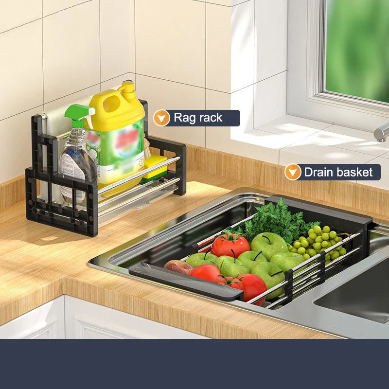 Scarico per lavello da cucina Scolapiatti estensibile in acciaio inossidabile Cestello di scarico Scolapiatti per frutta e verdura Scolapiatti per lavaggio