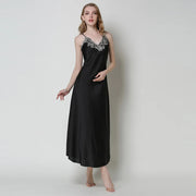 Camicia da notte donna Camicie in raso di pizzo Lingerie sexy lunga - nero M