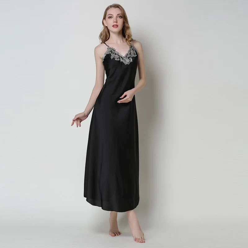 Camicia da notte donna Camicie in raso di pizzo Lingerie sexy lunga - nero M