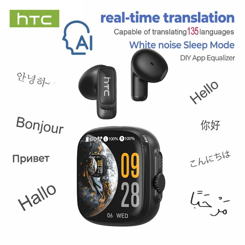 Auricolari Traduttori AI HTC NE72 TWS Open-Ear Cuffie Wireless Bluetooth 6.0 - Black AI