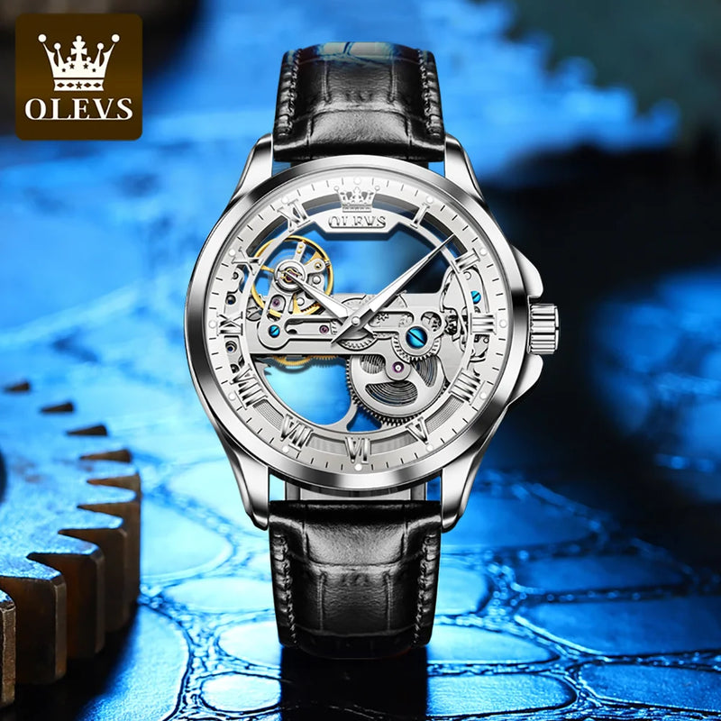 Orologio OLEVS Automatico Uomo – Scheletro Lusso con Cinturino in Pelle e Scatola Regalo
