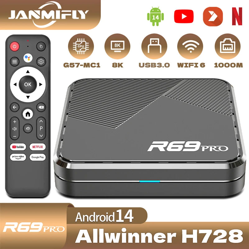 Janmifly R69 PRO Set Top Box Android 14 Allwinner H728 WiFi 6 Supporto Ultra HD 8K Bluetooth 5.0 smart tv box Netflix YouTube