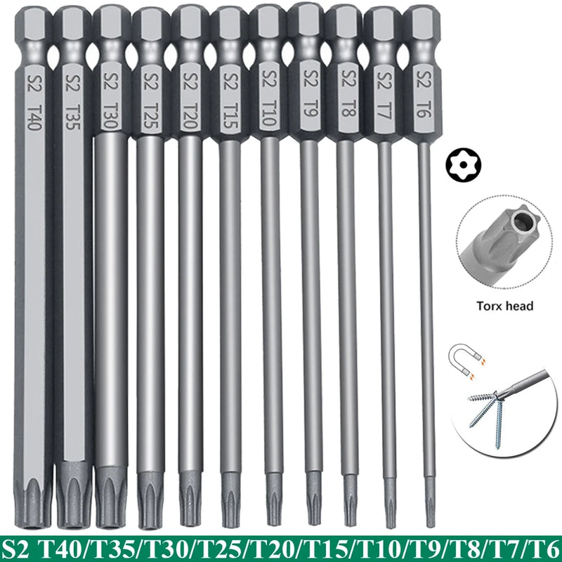 Set di punte di sicurezza Torx da 11 pezzi Set di cacciaviti di sicurezza magnetici in acciaio S2 Set di cacciaviti a stella da 50/100mm per vuoto di squalo T6-T40