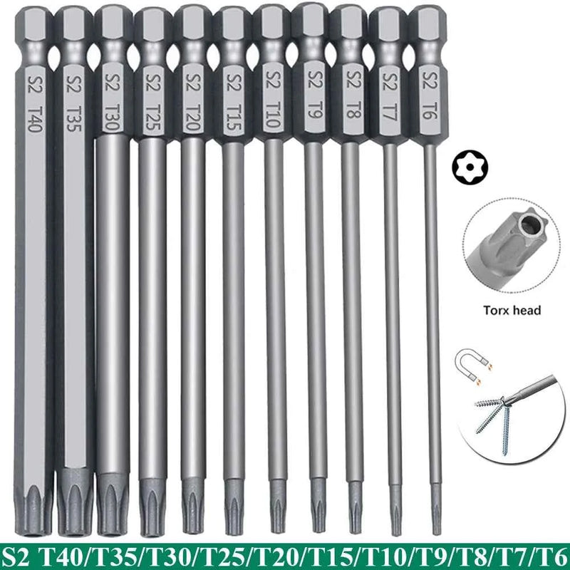 Set di punte di sicurezza Torx da 11 pezzi Set di cacciaviti di sicurezza magnetici in acciaio S2 Set di cacciaviti a stella da 50/100mm per vuoto di squalo T6-T40