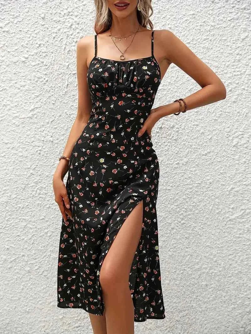 2024 donne stampa floreale senza spalline estate Boho Beach Dress stampa eleganti bretelle collo quadrato abito con spacco abiti