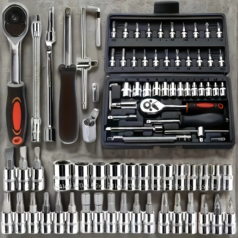 Set Professionale di 46 Chiavi a Bussola in Acciaio Cr-V con Cricchetto e Borsa Portaoggetti, Barra di Prolunga Resistente per Riparazioni Auto e Domestiche