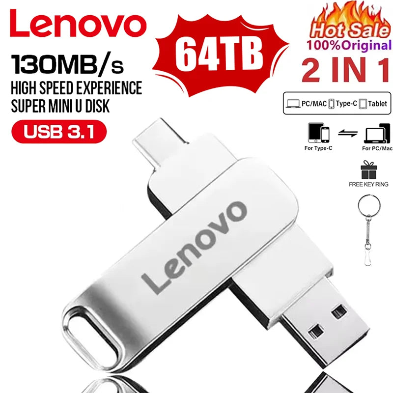 Lenovo 64TB 3.0 Chiavetta USB in metallo ad alta velocità Pen Drive 2TB 128GB PenDrive USB Type-C impermeabile per dispositivi di archiviazione del computer