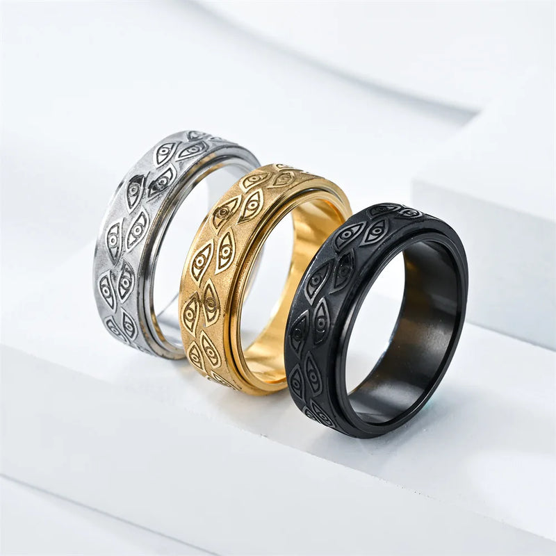 Anelli Spinner in acciaio inossidabile antistress per uomo Intagliato Demon Eye Girevole Fidget Ansia Anello congiunto Gioielli Bague Homme - Campeda