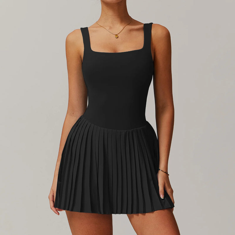 Abito da tennis plissettato con scollo quadrato donna - nero S