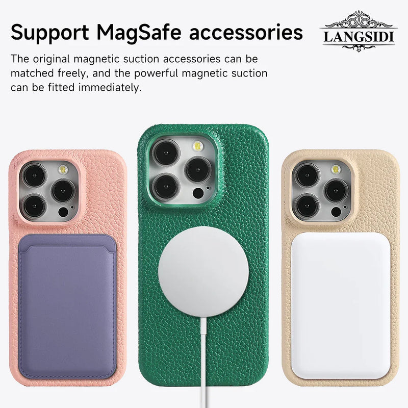 per custodia Magsafe per iPhone 17 15 16 Pro Max Air 17Pro pelle bovina naturale litchi protezione magnetica cover posteriore per telefono di lusso