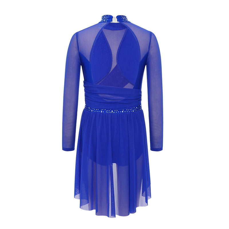 Vestito Danza Lirica Bambina con Strass – Body Balletto Elegante con Rete e Spacco Laterale