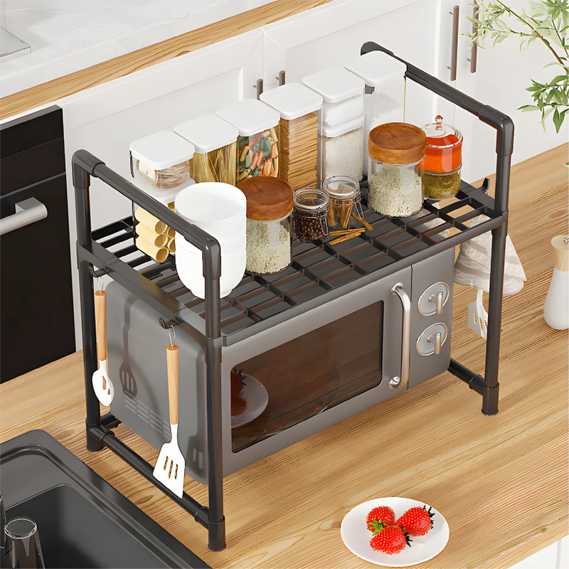 Scaffale portaoggetti per forno a microonde da 1 pezzo, organizer per stoviglie per utensili da cucina da appoggio salvaspazio, ripiano in plastica per accessori da cucina
