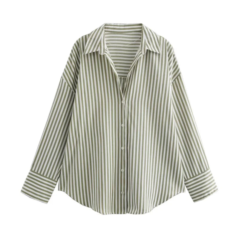 Camicia donna ETJ 2025 a righe in popeline, maniche lunghe con risvolto, vestibilità ampia stile europeo-americano, multicolore