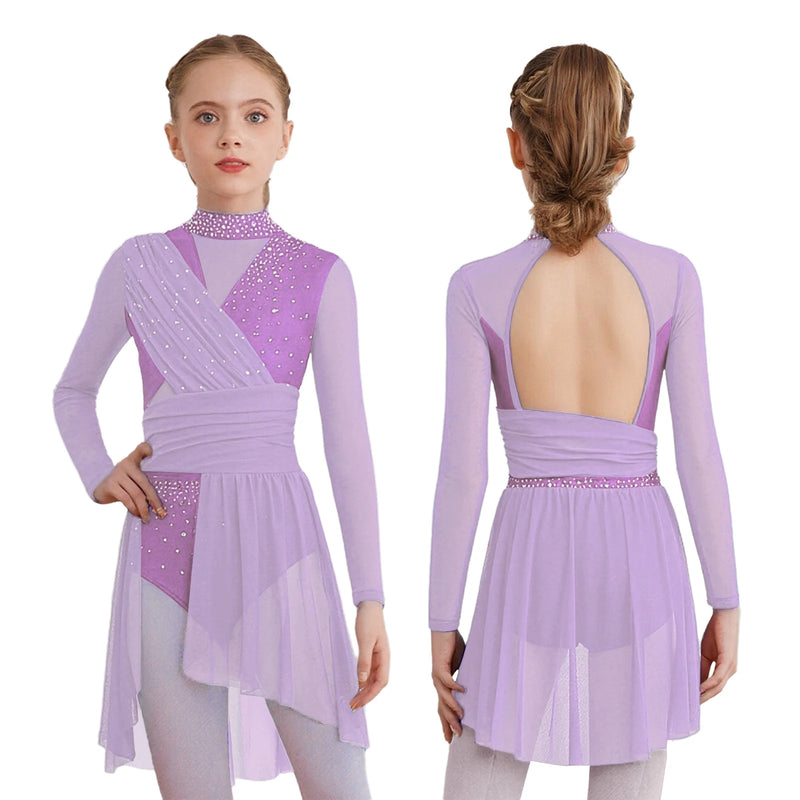 Vestito Danza Lirica Bambina con Strass – Body Balletto Elegante con Rete e Spacco Laterale