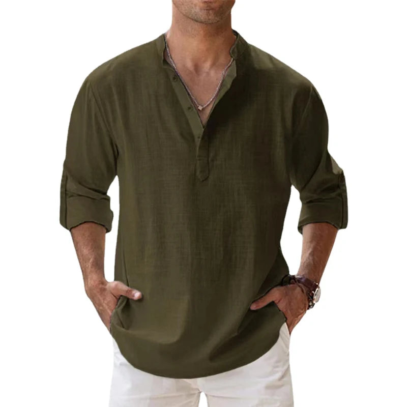 Nuove camicie da uomo in cotone e lino casual spiaggia Henley a maniche