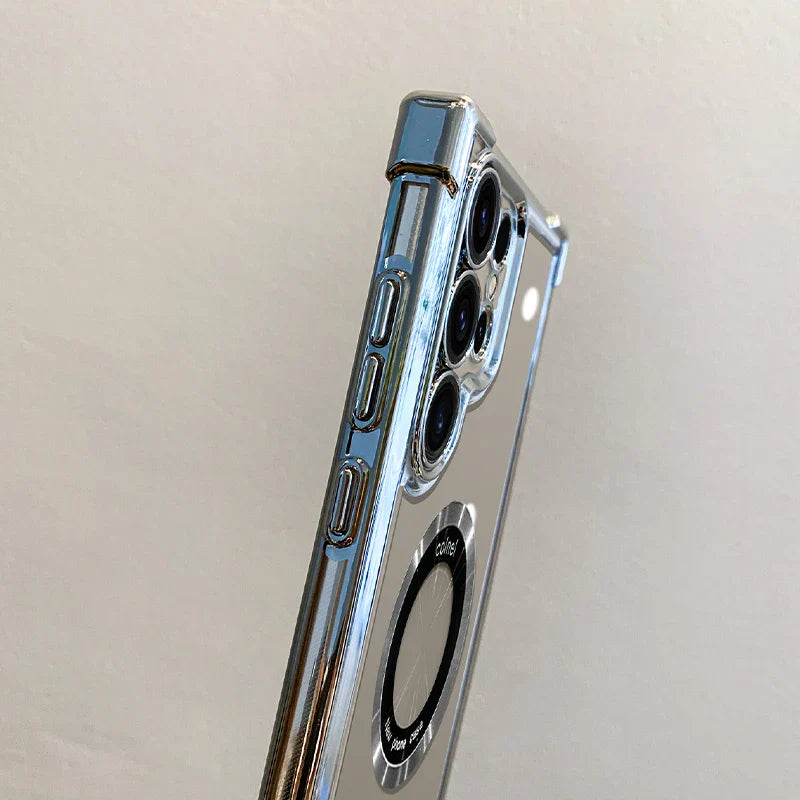 Custodia di ricarica wireless magnetica placcatura di lusso per Samsung S25 S24 Ultra S23 FE S22 Plus S21 Nota 20 Cover protettiva per lenti trasparenti