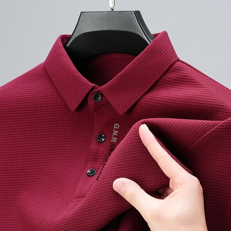 Polo da uomo a maniche lunghe Waffle – casual con risvolto, stampa lettere, anti-retrazione, quattro stagioni - Campeda