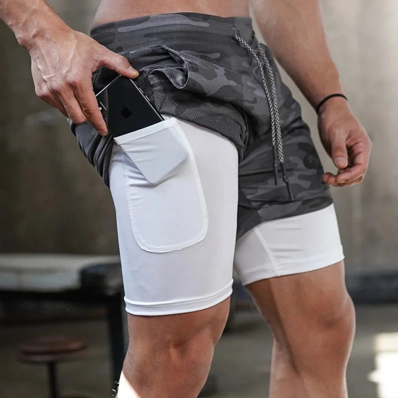 Pantaloncini da corsa mimetici sportivi palestra uomo 2 in 1 Allenamento ad - immagine 2