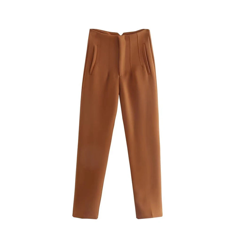 Pantaloni donna Willshela a vita alta con cerniera frontale, gamba dritta full length, stile vintage elegante e chic - Campeda