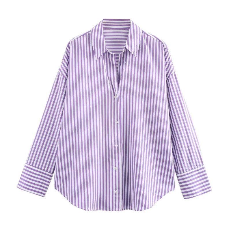 Camicia donna ETJ 2025 a righe in popeline, maniche lunghe con risvolto, vestibilità ampia stile europeo-americano, multicolore