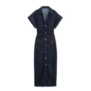 Abito midi denim donna ETJ 2025, vestito elegante con risvolto e cerniera laterale, vita slim antirughe stile primavera - Campeda