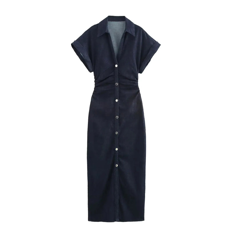 Abito midi denim donna ETJ 2025, vestito elegante con risvolto e cerniera laterale, vita slim antirughe stile primavera - Campeda