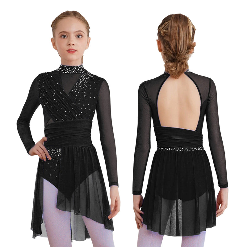 Vestito Danza Lirica Bambina con Strass – Body Balletto Elegante con Rete e Spacco Laterale