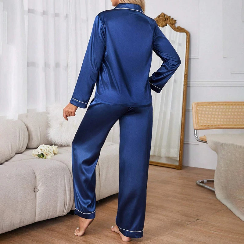 Indumenti da notte donna Pigiama semplice in raso Set Bottoni a maniche lunghe - immagine 2